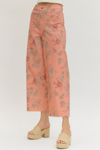 Pink Floral Mid Rise Ankle Length Pant - The Pointe Boutique