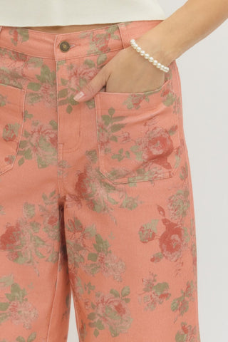 Pink Floral Mid Rise Ankle Length Pant - The Pointe Boutique