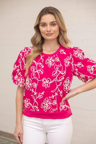Pink Florral Embroidered Short Bubble Sleeve Top - The Pointe Boutique