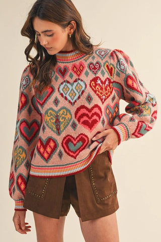 Pink Multi Heart Sweater with Puff Sleeves - The Pointe Boutique