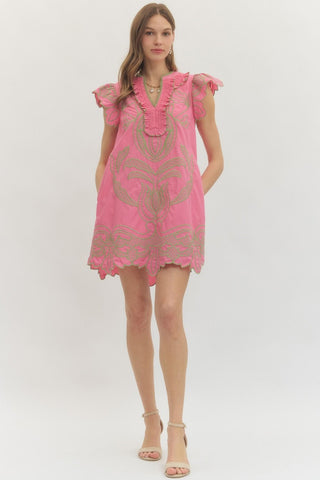 Pink Ruffle Embroidery Dress - The Pointe Boutique