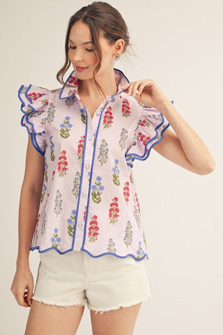 Pink Scallop Edge Detail Ruffled Sleeves Floral Top - The Pointe Boutique