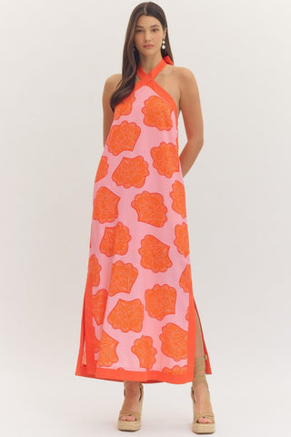 Pink Shell Print Halter Neck Maxi Dress - The Pointe Boutique