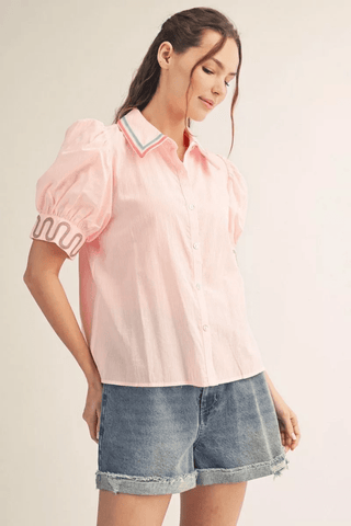 Pink Short Puff Sleeve Button Down Embroidery Top - The Pointe Boutique