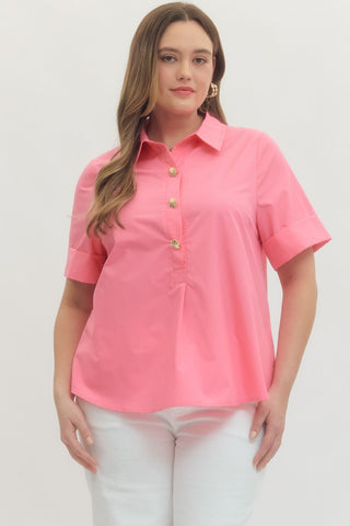 Pink Short Sleeve Gold Button Placket Top - The Pointe Boutique