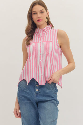 Pink Striped Sleeveless Scallop Top - The Pointe Boutique