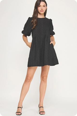 Pintuck Check Textured Puff Sleeve Mini Dress - The Pointe Boutique