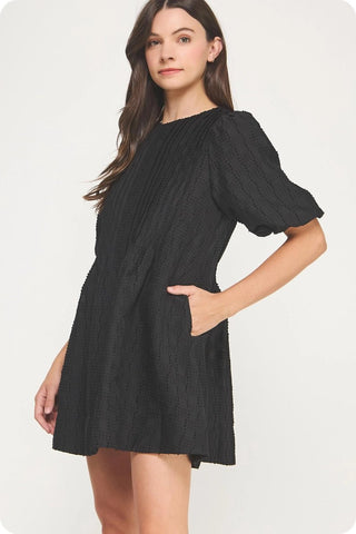 Pintuck Check Textured Puff Sleeve Mini Dress - The Pointe Boutique