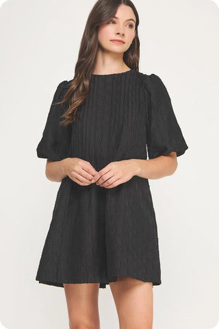 Pintuck Check Textured Puff Sleeve Mini Dress - The Pointe Boutique