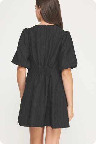 Pintuck Check Textured Puff Sleeve Mini Dress - The Pointe Boutique