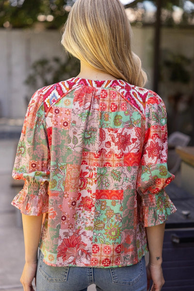 Piping Detailed Print Mixed Top | Coral - The Pointe Boutique