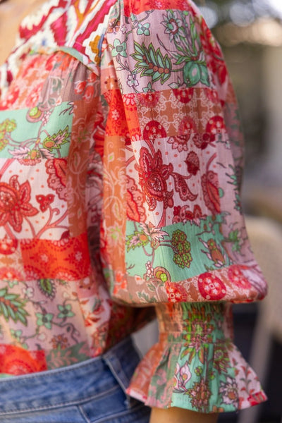 Piping Detailed Print Mixed Top | Coral - The Pointe Boutique