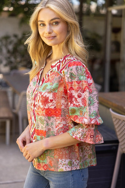 Piping Detailed Print Mixed Top | Coral - The Pointe Boutique