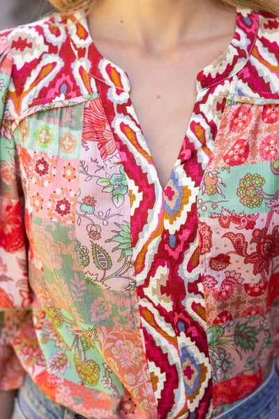 Piping Detailed Print Mixed Top | Coral - The Pointe Boutique