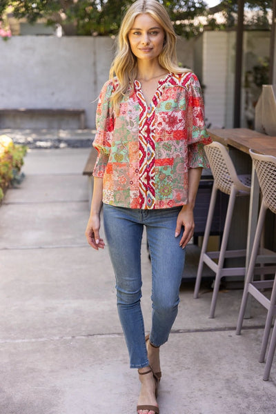 Piping Detailed Print Mixed Top | Coral - The Pointe Boutique