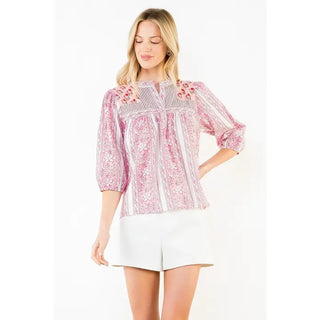 The Lillian Top – pink and white paisley print blouse, embroidered yoke, 3/4 puff sleeves