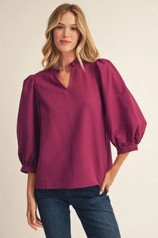 The Berkley Mulberry Top – magenta berry blouse, split V neck, balloon 3/4 sleeves