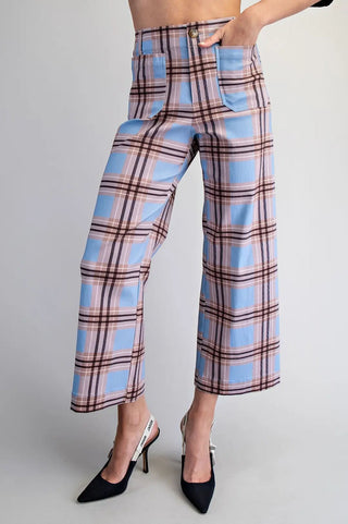 Powder Blue Plaid Pants - The Pointe Boutique