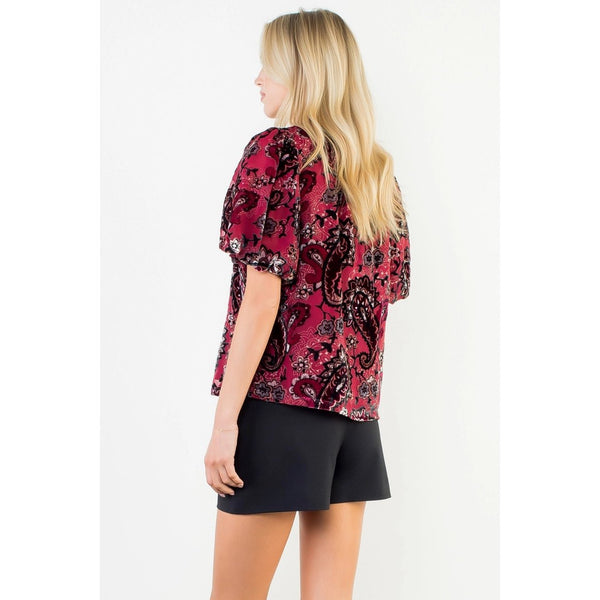 Puff Sleeve Print Detailed Velvet Top Burgundy - The Pointe Boutique