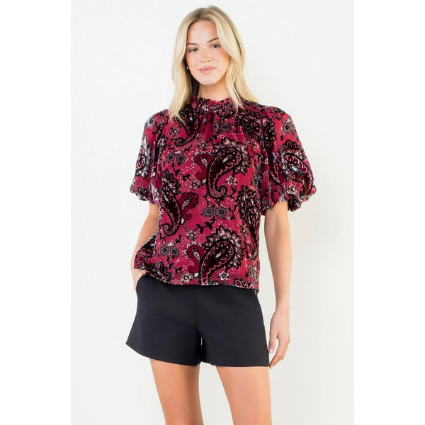 Puff Sleeve Print Detailed Velvet Top Burgundy - The Pointe Boutique