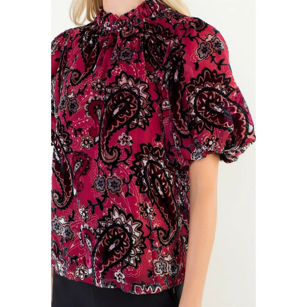 Puff Sleeve Print Detailed Velvet Top Burgundy - The Pointe Boutique