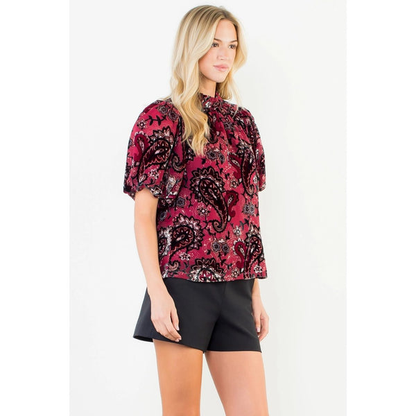 Puff Sleeve Print Detailed Velvet Top Burgundy - The Pointe Boutique