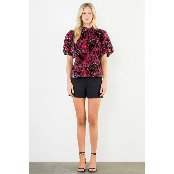 Puff Sleeve Print Detailed Velvet Top Burgundy - The Pointe Boutique