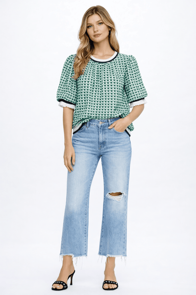 Puff Sleeve Striped Contrast Textured Plaid Mint Knit Top - The Pointe Boutique