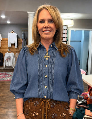 Ashley Faith Denim Top – chambray denim button-front top with puff sleeves and pintuck details
