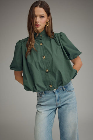 Aubrielle Kate Top – green button-front top with short puff sleeves, a stand collar and gold buttons