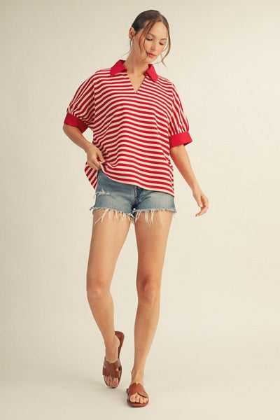 Red Contrast Accent Thermo Stripe Top - The Pointe Boutique