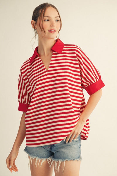 Red Contrast Accent Thermo Stripe Top - The Pointe Boutique