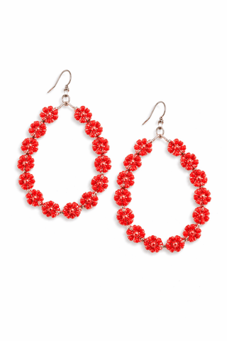 Red Floral Beaded Hoop Earrings - The Pointe Boutique