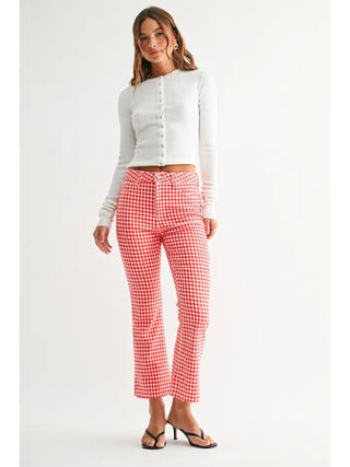 Red Gingham Crop Flare Jeans - The Pointe Boutique