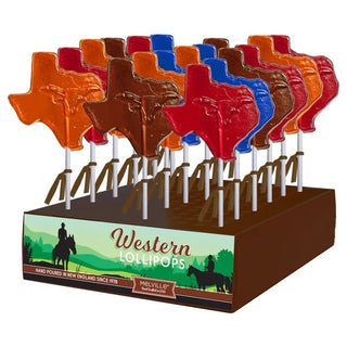 Texas shaped lollipops in a display