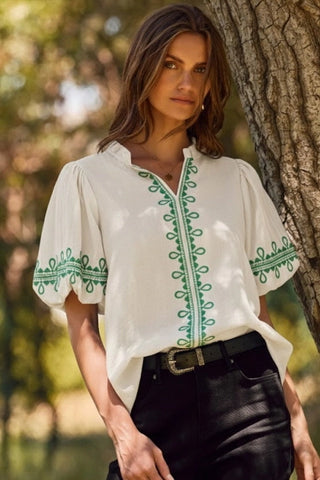 Off White Solid Embroidered Detailed Short Bubble Sleeve Blouse – cream blouse with green embroidered trim, split V neck, puff short sleeves