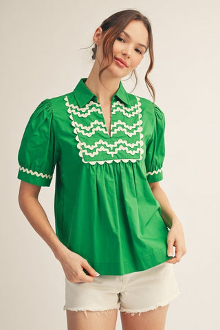 Ric - rac Trim Accent Solid Top - The Pointe Boutique