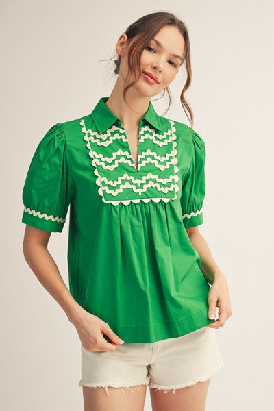 Ric - rac Trim Accent Solid Top - The Pointe Boutique