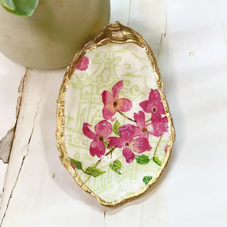 oyster shell trinket dish with pink cherry blossoms and gold edge