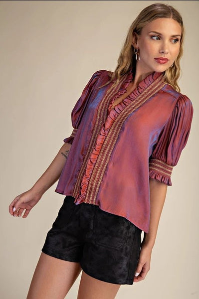 Ruffle V - Neck Smocked Puff Sleeve Blouse, Rust - The Pointe Boutique