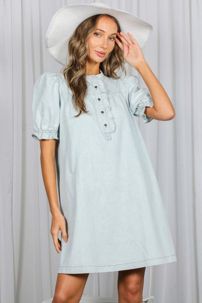 Ruffled Button Placket Accent Dress - The Pointe Boutique