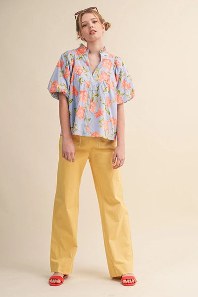 Ruffled Collar Blue Pumpkin Flower Top - The Pointe Boutique