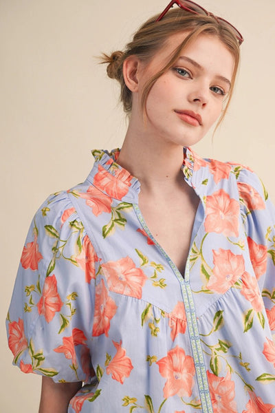 Ruffled Collar Blue Pumpkin Flower Top - The Pointe Boutique