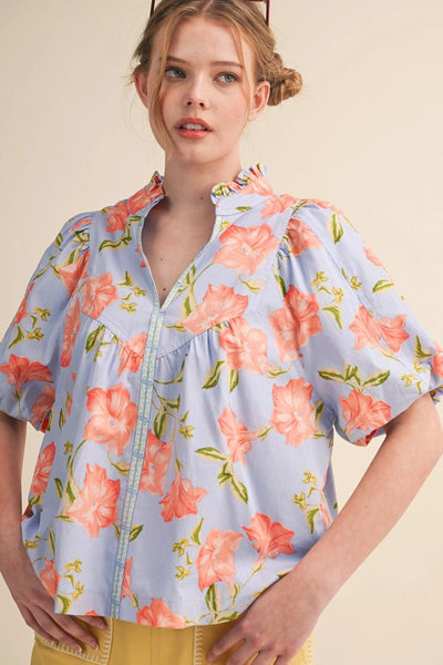 Ruffled Collar Blue Pumpkin Flower Top - The Pointe Boutique