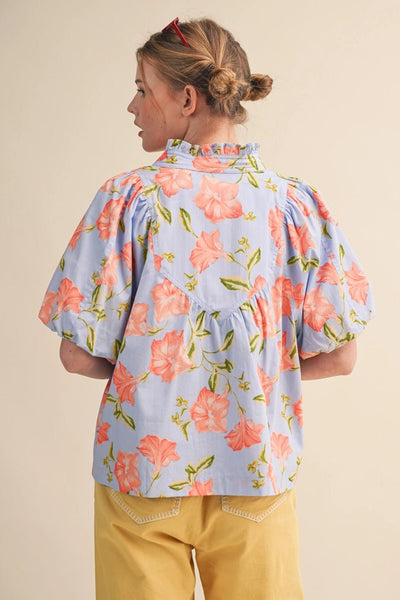 Ruffled Collar Blue Pumpkin Flower Top - The Pointe Boutique