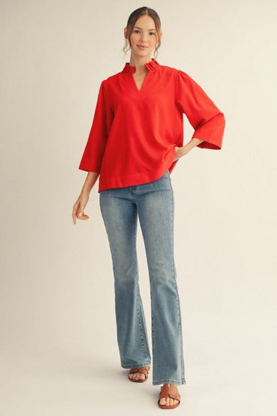 Ruffled Neck Crinkle Solid Top - The Pointe Boutique