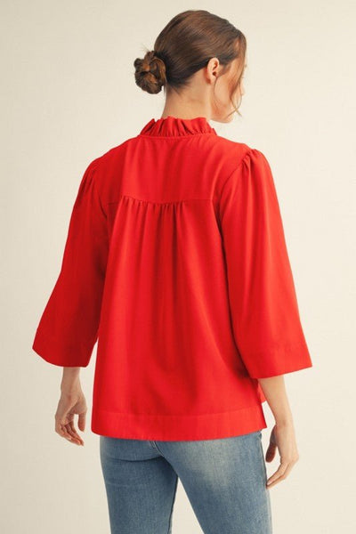 Ruffled Neck Crinkle Solid Top - The Pointe Boutique