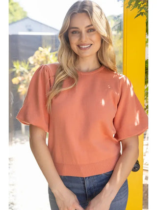 The Ruby Top – coral knit top, crew neck, puff short sleeves