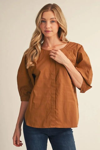 Ashley Kate Button Down Solie Woven Top – solid woven button-down with elbow-length puff sleeves (black or brown)