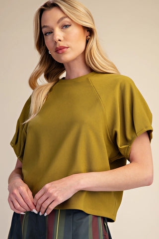 The Ruby Round Neck Pullover Top – ivory knit top, crew neck, short raglan sleeves
